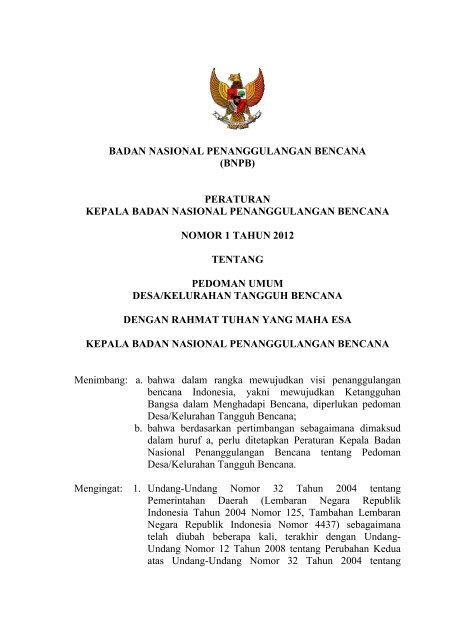 Peraturan Kepala BNPB No.01 Tahun 2012