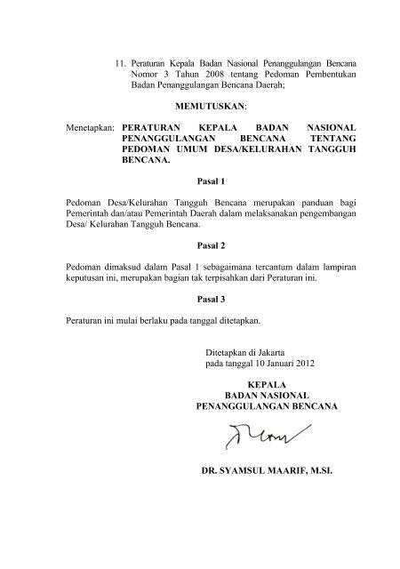 Peraturan Kepala BNPB No.01 Tahun 2012