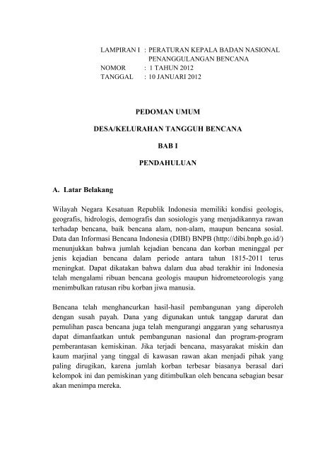 Peraturan Kepala BNPB No.01 Tahun 2012