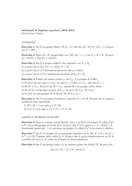 Istituzioni di Algebra superiore, 2012–2013. Esercizi per l'esame ...