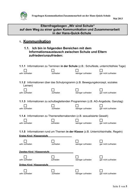 Elternfragebogen „Wir sind Schule“ - Hans-Quick-Schule