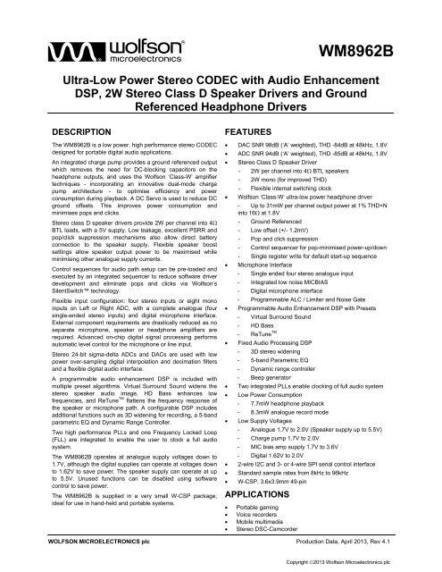 WM8962B, Rev 4.1 - Wolfson Microelectronics plc