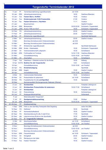 Tangendorfer Veranstaltungskalender 2012