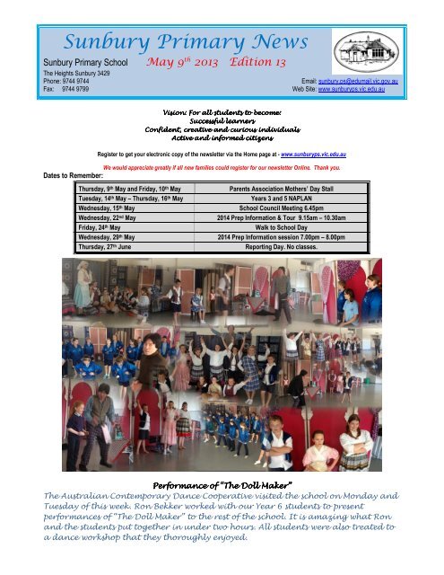 Newsletter No 13 May 9 2013 - Sunbury Primary School