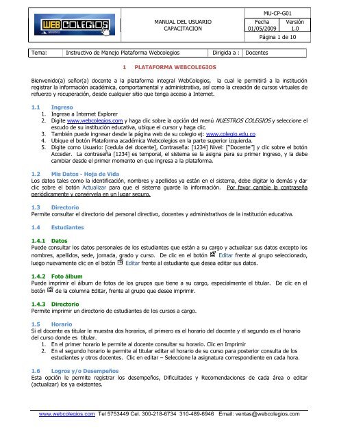 Instructivo de Manejo Plataforma W - WebColegios