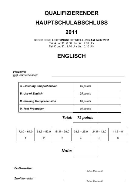 qualifizierender hauptschulabschluss 2011 englisch - ISB