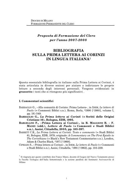 Bibliografia sulla Prima Lettera ai Corinzi in ... - Chiesa di Milano