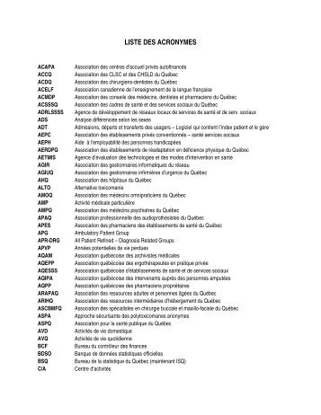 LISTE DES ACRONYMES - Agence de la santÃ© et des services ...