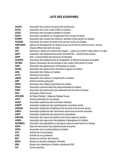 LISTE DES ACRONYMES - Agence de la santÃ© et des services ...