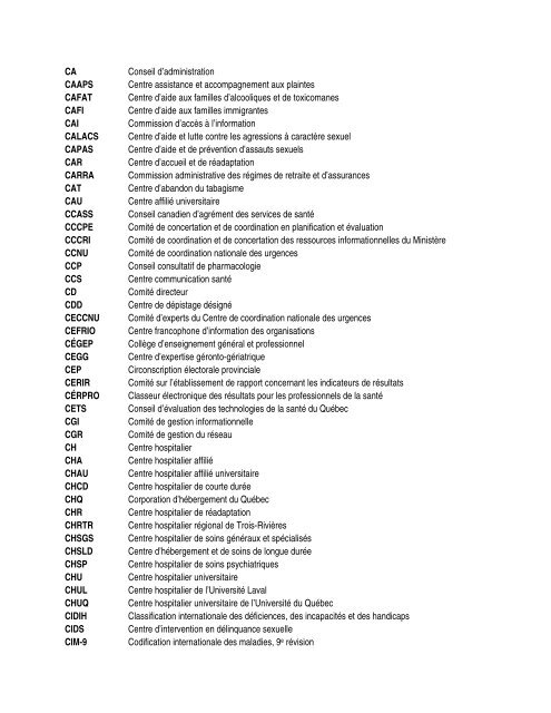 LISTE DES ACRONYMES - Agence de la santÃ© et des services ...