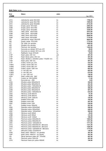 Multi Dekor sro Kód Název Jedn. bez DPH J01A Jednoduchý panel ...