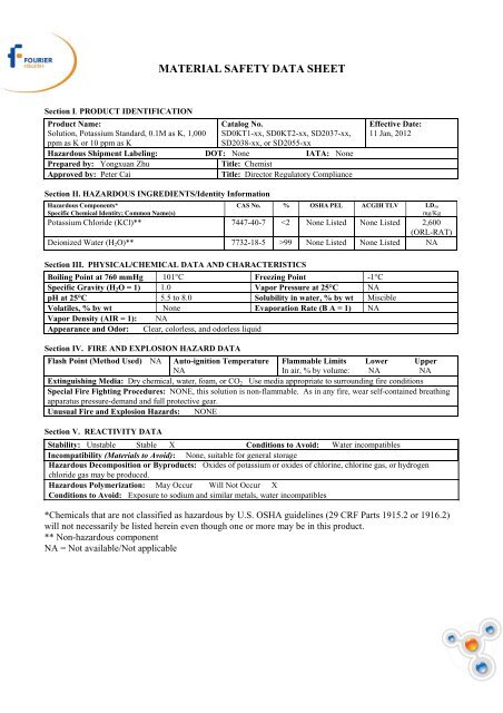 Material Safety Data Sheet - Potassium Standard Solution (45kb)