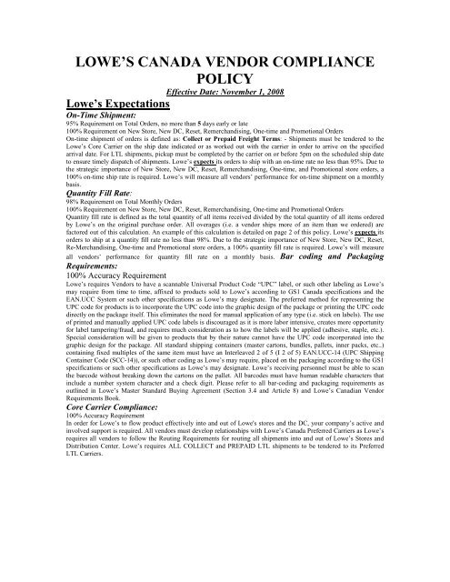 LOWE'S CANADA VENDOR COMPLIANCE POLICY - LowesLink