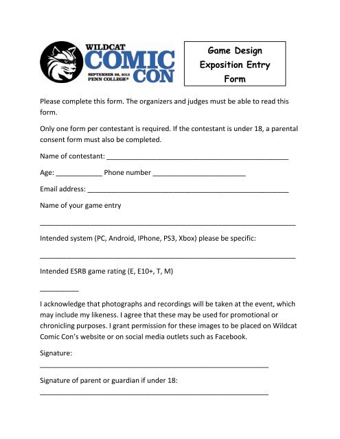 Game Design Exposition Entry Form - Wildcat Comic Con