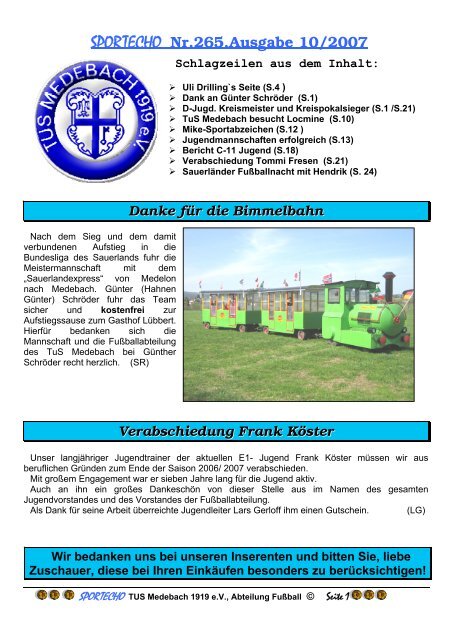 SPORTECHO Nr.265,Ausgabe 10/2007 - Tus Medebach 1919 e.V.