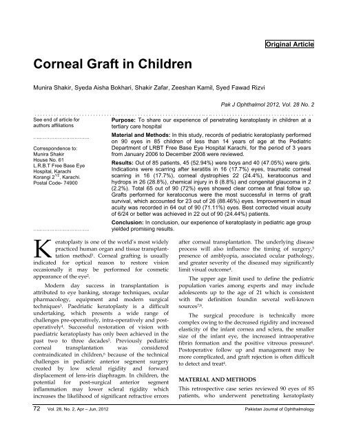 Corneal Graft in Children - Pakistan Journal of Ophthalmology