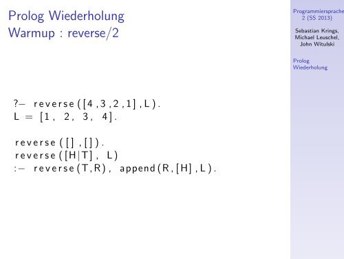 Programmiersprachen 2 (SS 2013) - Prolog Wiederholung