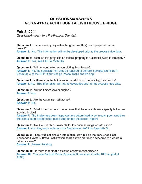 QUESTIONS/ANSWERS GOGA 433(1), POINT BONITA ...