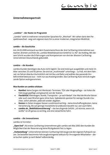 Unternehmensportrait - Cambio CarSharing