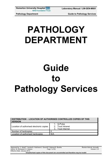 PATHOLOGY DEPARTMENT Guide to Pathology Services