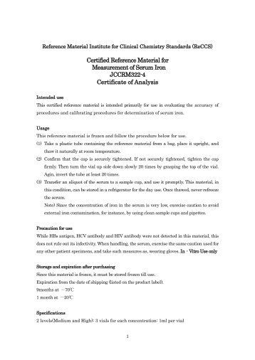 Certified Reference Material for Measurement of Serum Iron ...