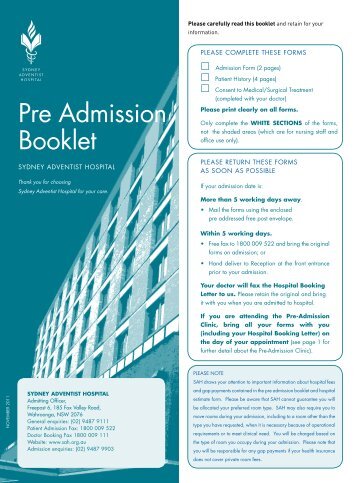 Pre admission booklet - Sydney Adventist Hospital