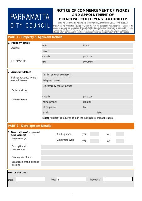 Notice of commencment of works - Parramatta City Council