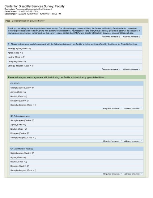 Center for Disability Services Survey: Faculty - Student Affairs