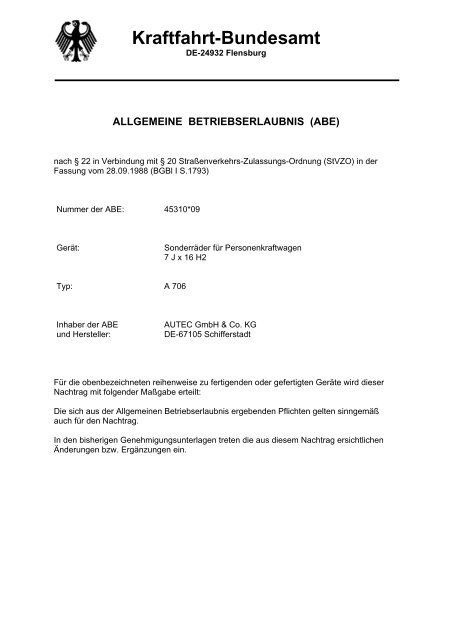 Gutachten zur ABE A 706 - AUTEC GmbH & Co. KG