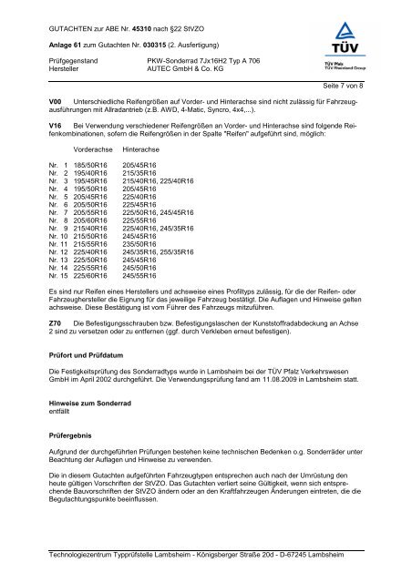 Gutachten zur ABE A 706 - AUTEC GmbH & Co. KG