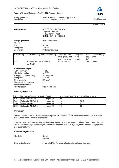 Gutachten zur ABE A 706 - AUTEC GmbH & Co. KG