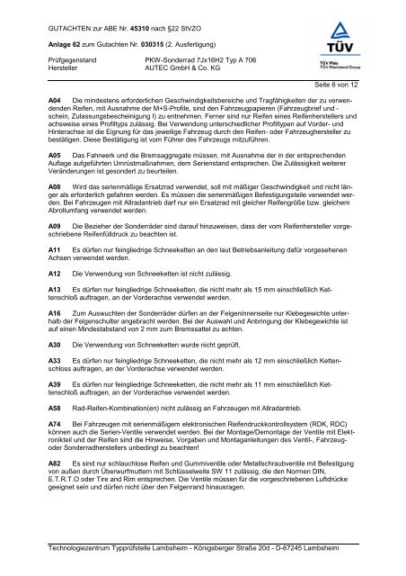 Gutachten zur ABE A 706 - AUTEC GmbH & Co. KG