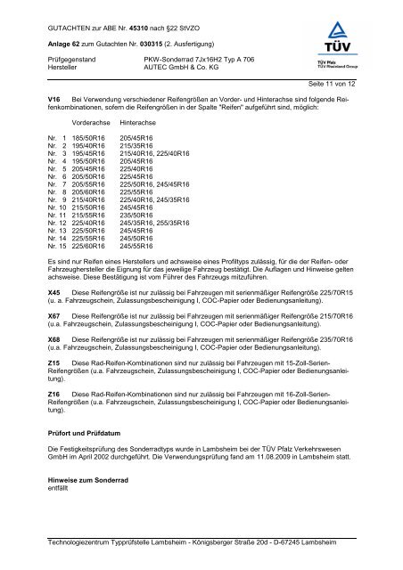 Gutachten zur ABE A 706 - AUTEC GmbH & Co. KG