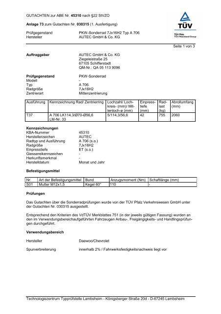 Gutachten zur ABE A 706 - AUTEC GmbH & Co. KG