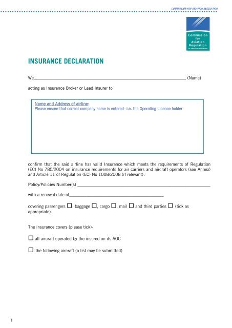 Insurance Declaration Form - Commission for Aviation Regulation
