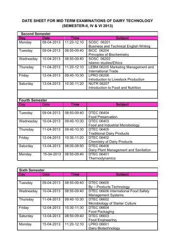 date sheet for mid term examinations of dairy technology ... - UVAS