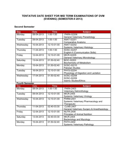 date sheet for mid term examinations of dairy technology ... - UVAS