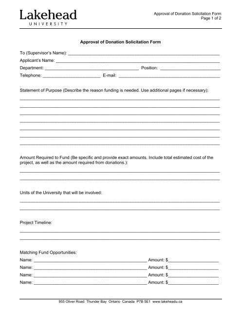 Approval of Donation Solicitation Form - Lakehead University