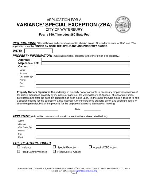 Zba Variance Worksheet.pdf VARIANCE/ SPECIAL EXCEPTION (ZBA) - Waterbury