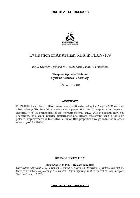 Evaluation of Australian RDX in PBXN-109 - Defence Science and ...