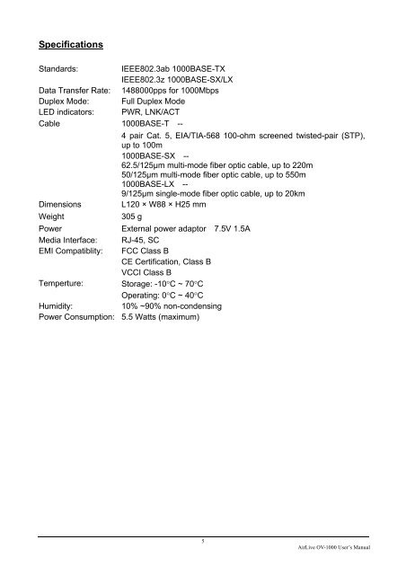 AirLive OV-1000TSC, OV-1000TLC/20 User's Manual