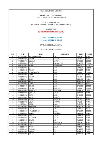 13 NÄ°SAN CUMARTESÄ° GÃNÃ 1. ve 3. SINIFLAR 10:00 2. ve 4 ...