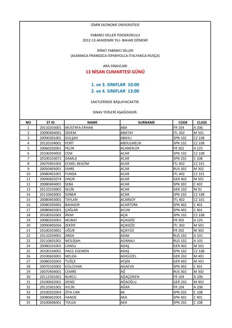 13 NÄ°SAN CUMARTESÄ° GÃNÃ 1. ve 3. SINIFLAR 10:00 2. ve 4 ...