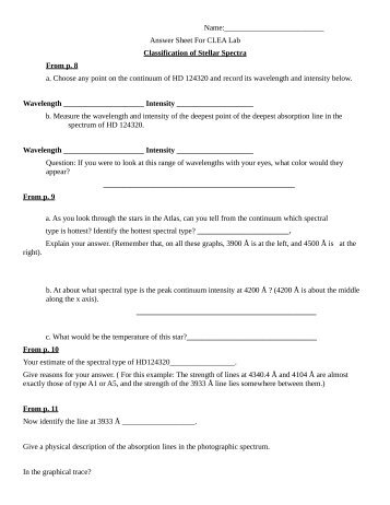 Answer Sheet For CLEA Lab Classification of Stellar Spectra From p ...