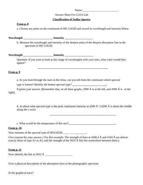 Answer Sheet For Clea Lab Classification Of Stellar Spectra From P