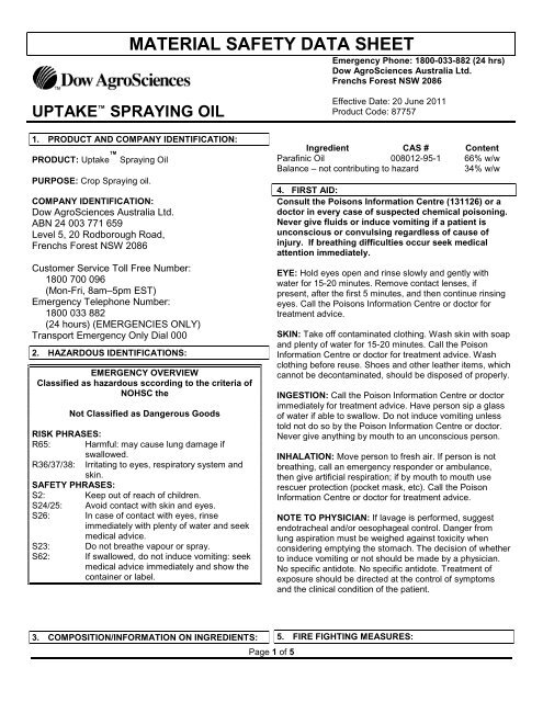 603658-Dow-Uptake-Paraffinic-Oil-600-20L-MSDS - Agsure