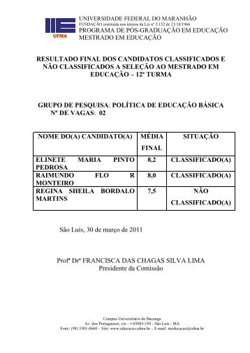 resultado final dos candidatos classificados e nÃ£o classificados a ...