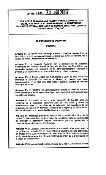 LEY 1138 DEL 25 DE JUNIO DE 2007. (pdf) - Presidencia de la ...