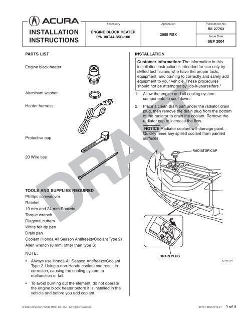 BII 27763 Engine Block Heater - Temp.pmd - Acura Parts Super Store