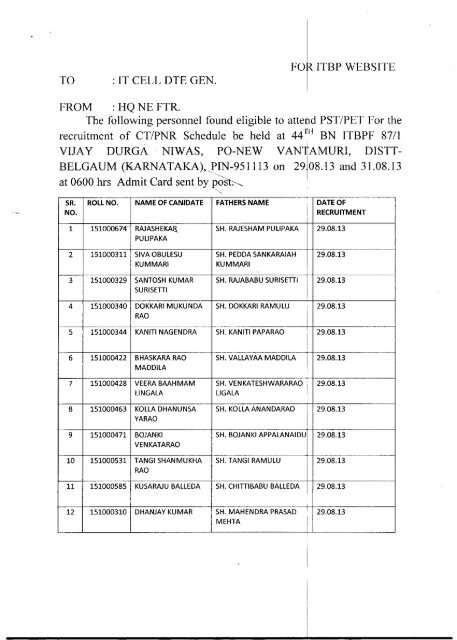 TO : IT CELL DTE GEN. ITBP WEBSITE FROM : HQ NE FTR. The ...